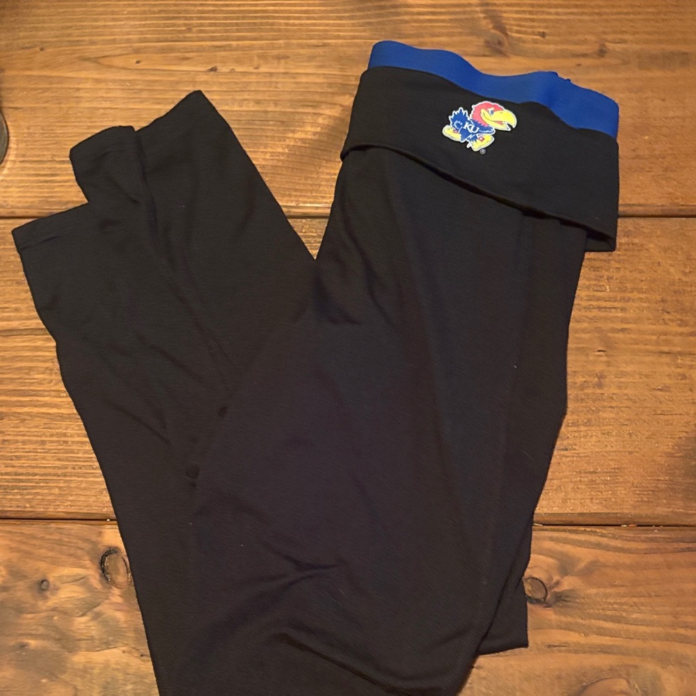 Colosseum Black Leggings with Blue Waistband and KU  JAYHAWK Mascot Patch